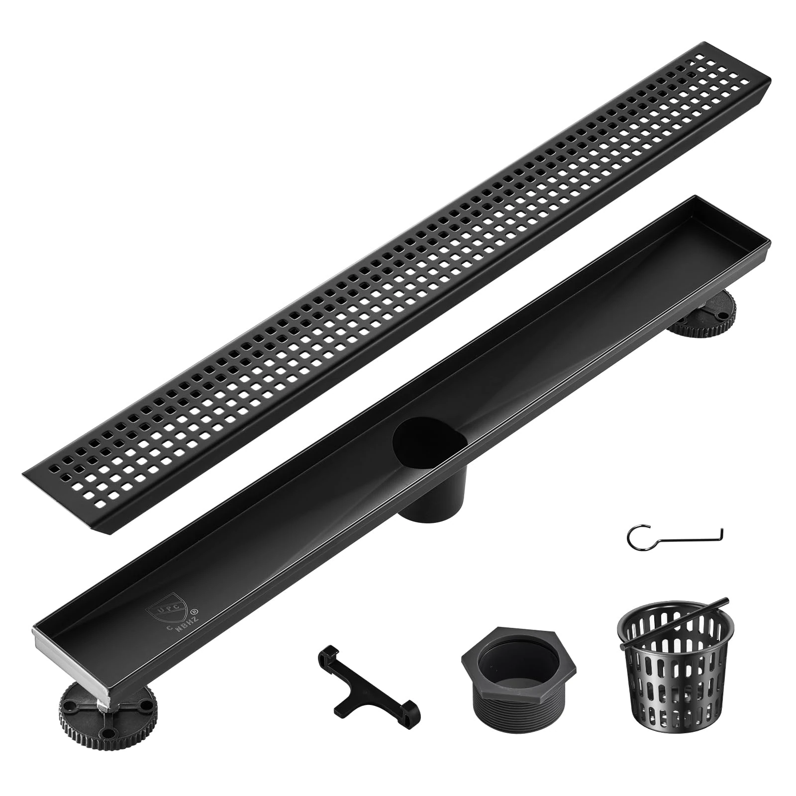 VEVOR 24 Inch Linear Shower Drain with Square Pattern Grate,Brushed 304 Stainless Steel Rectangle Shower Floor Drain, Sleek Linear Drain with Hair Strainer, Matte Black