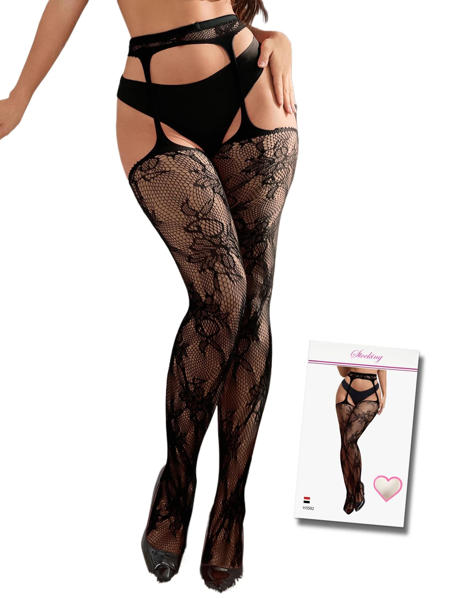 ohmydear Fishnet Suspender Tights for Women Plus Size High Waisted Garter Pantyhose Lace Patterned Thigh Highs Stretchy Sexy Stockings Black Fish Net Tight XS-M