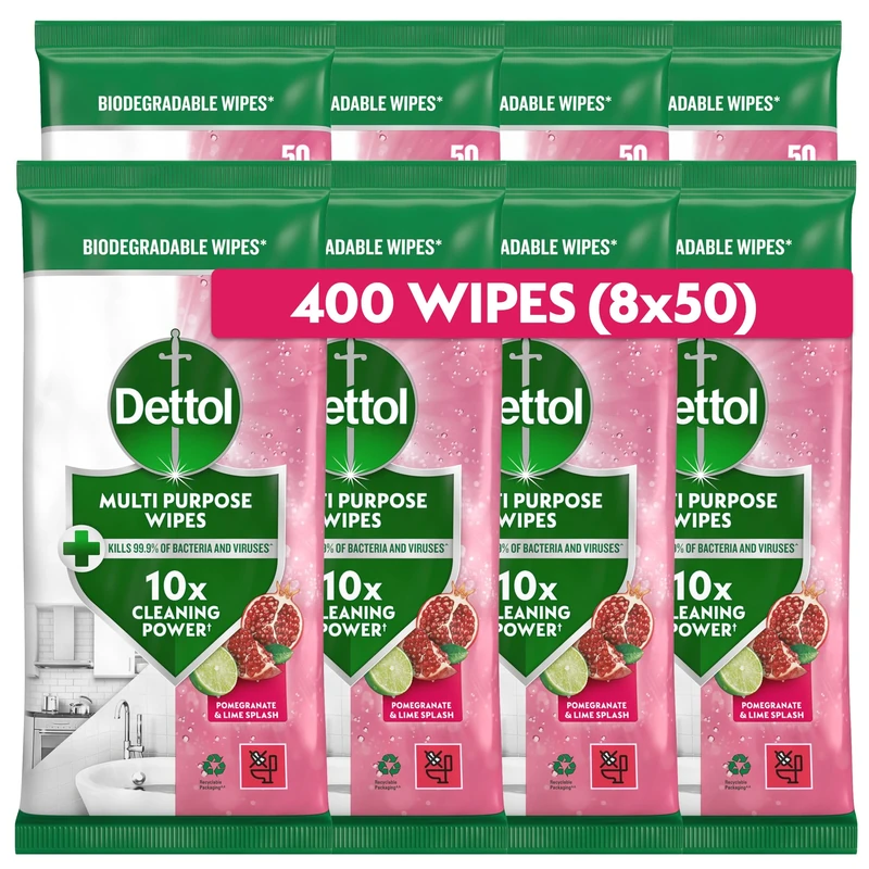 Dettol Antibacterial Multipurpose Cleaning Biodegradable Wipes, Pomegranate and Lime, 400 Wipes (50 x 8pck) Disinfectant, Home Hygiene, Kills 99.9 Percent of Germs