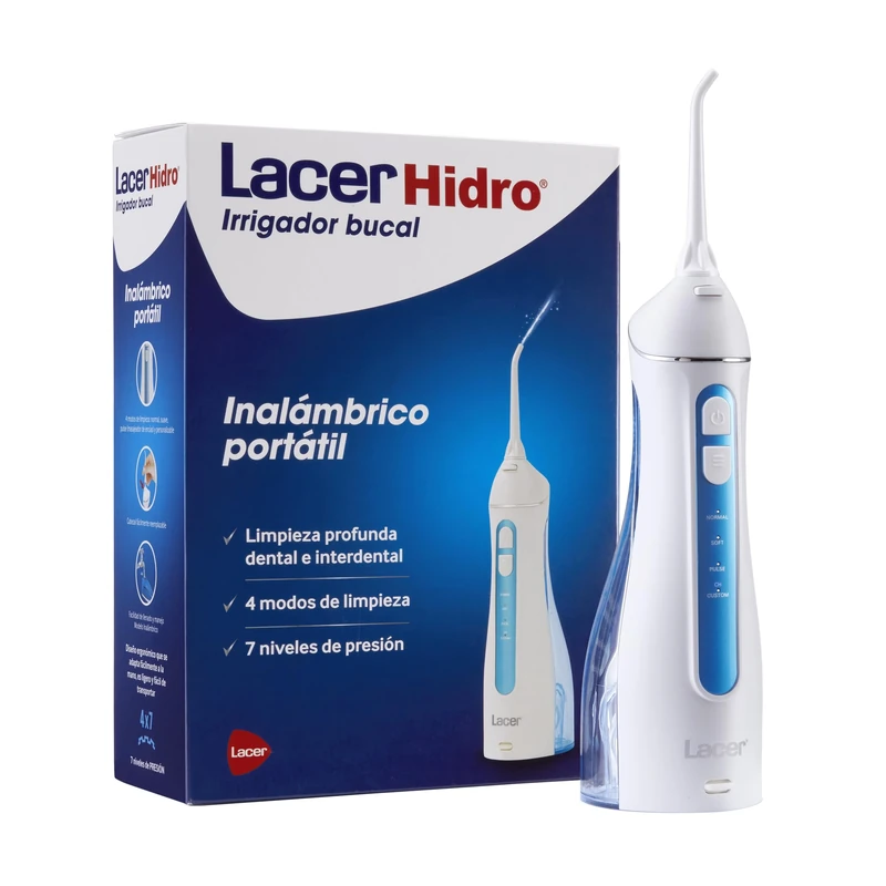 LACER HIDRO Cordless Portable Oral Irrigator with 2 Refills, Quick and Effective Interdental Cleaning, 4 Cleaning Modes, 7 Pressure Levels, Ergonomic and Compact Design
