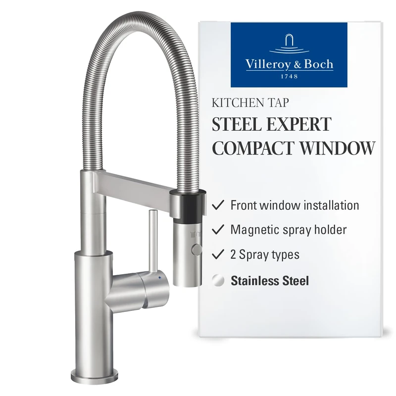 Villeroy & Boch Steel Expert Compact Window Kitchen Faucet, High Pressure with Window Mount, Sink Faucet, Water Saver, Spout Height 147 mm, Solid Stainless Steel