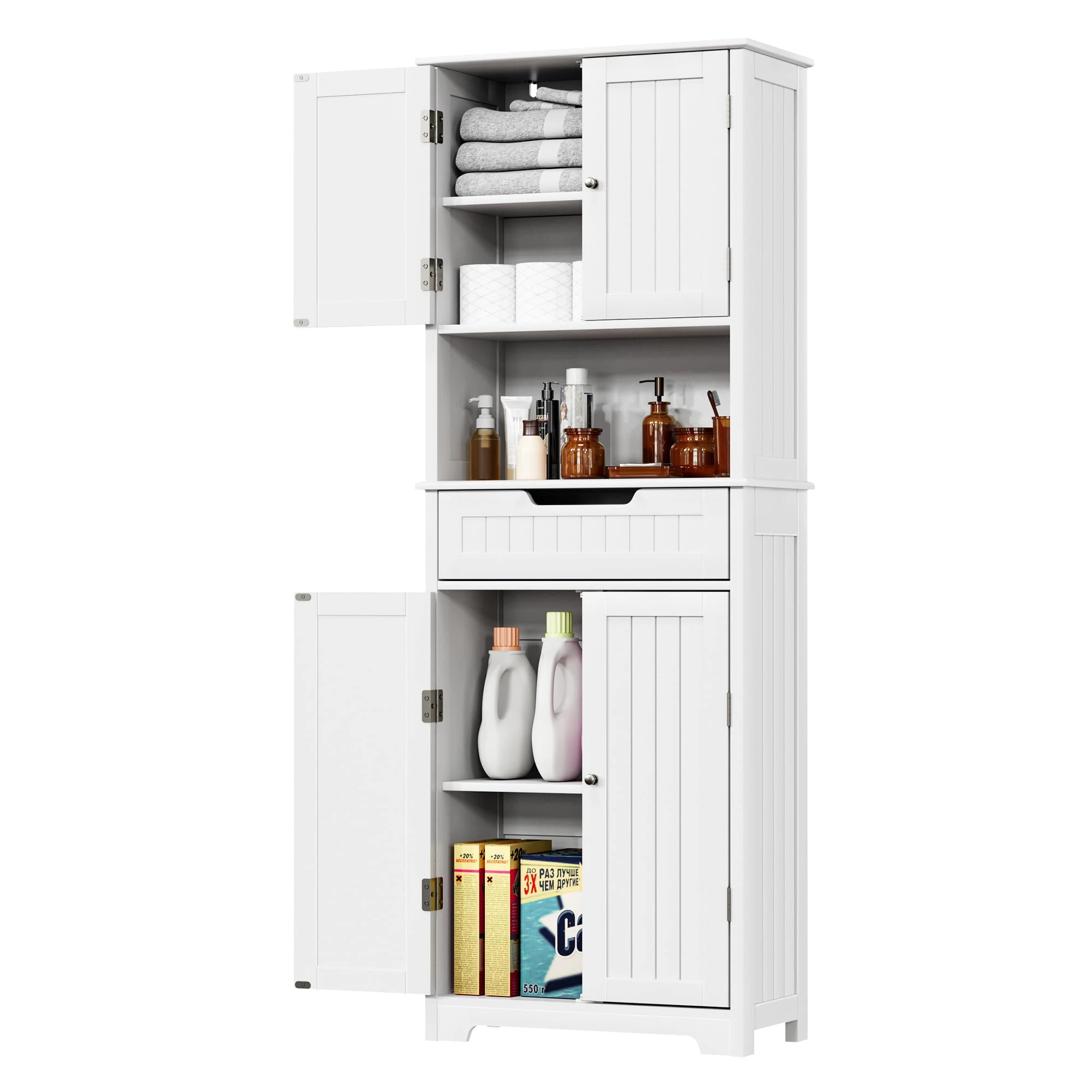 VVFLU Bathroom Storage Cabinet Tall, 67 inch Linen Cabinet Freestanding, Kitchen Pantry Storage Cabinet, 1 Drawer, 4 Doors, 2 Shelves, for Bathroom, Living Room, Modern White