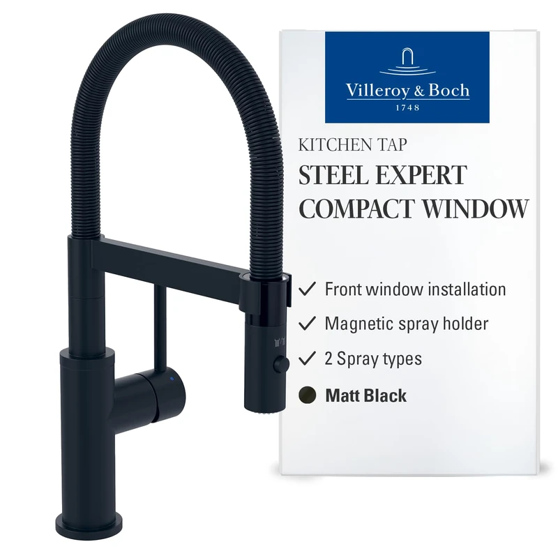 Villeroy & Boch Steel Expert Compact Window Kitchen Faucet, High Pressure with Window Mount, Sink Faucet, Water Saver, Spout Height 147 mm, Matte Black
