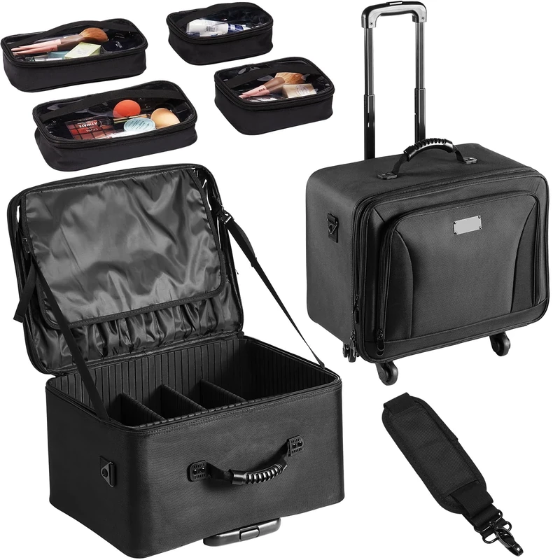VEVOR Professional Makeup Storage Box for Women and Girls Black Expandable Spinner Trolley Case, Black, Expandable Spinner Suitcase
