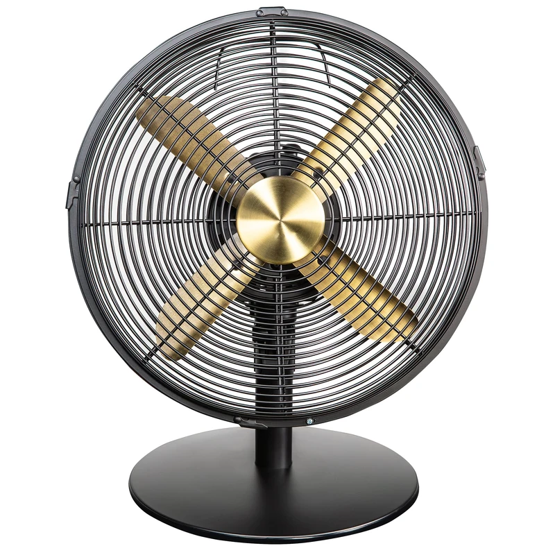 Russell Hobbs 12” Metal Desk Fan in Brushed Gold and Black, 3 Speed Settings, Lightweight and Compact, Tilt and Oscillating Features, 4 Curved Blades, Up to 2 Years Guarentee, RHMDF1201BG