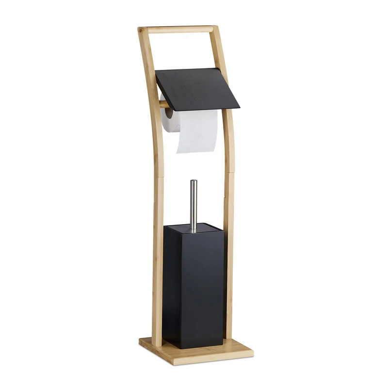 Relaxdays WC Set, Standing Toilet Paper, Brush with Holder, Bathroom Accessory, 74 x 20 x 20 cm, Black/Natural, Bamboo