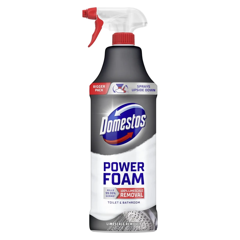 Domestos Power Foam Limescale Remover Toilet & Bathroom Cleaner Spray sprays upside down & eliminates 99.99% of germs* for 100% limescale removal inside the toilet & around the bathroom 650 ml