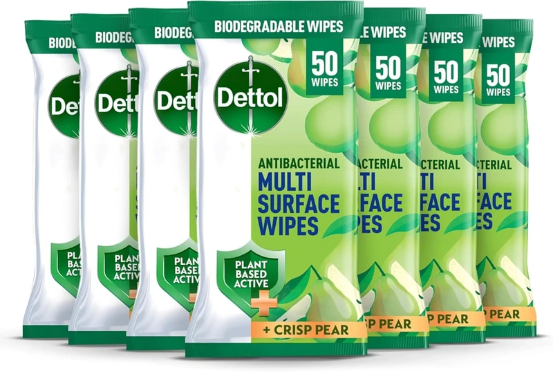 Dettol Antibacterial Multi Surface Cleaning Wipes, Crisp Pear, 350 Wipes (50 x 7pck) Plant-Based, Disinfectant, Biodegradable, Kills 99.9 Percent of Germs