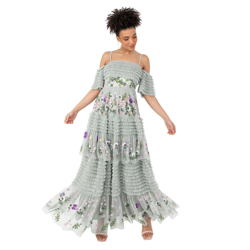 Maya Deluxe Womens Ladies Maxi Off-The-Shoulder Bardot Spaghetti Strap Floral Embroidered Tiered Ruffle Tulle Wedding Guest Dress, Green Lily, 14 UK