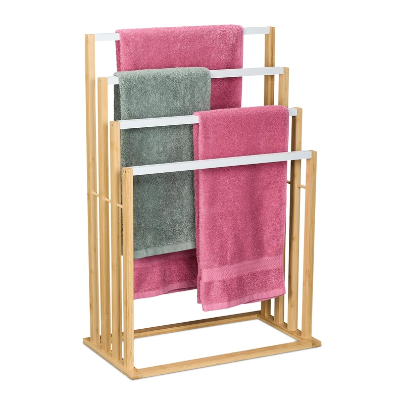 Relaxdays Towel Rail, 4 Bars & Shelf, Bamboo & Metal, HWD: 82 x 55 x 31 cm, Free-Standing Drying, Shower Rack, Natural