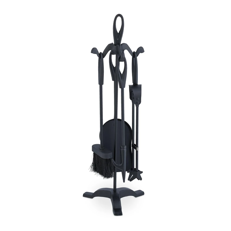 Relaxdays Fireplace Tool Set, 5-pieces, Poker, Ash Shovel, Broom, Stand, Tongs, Iron, Sturdy Base, Accessories, Black - Image 1