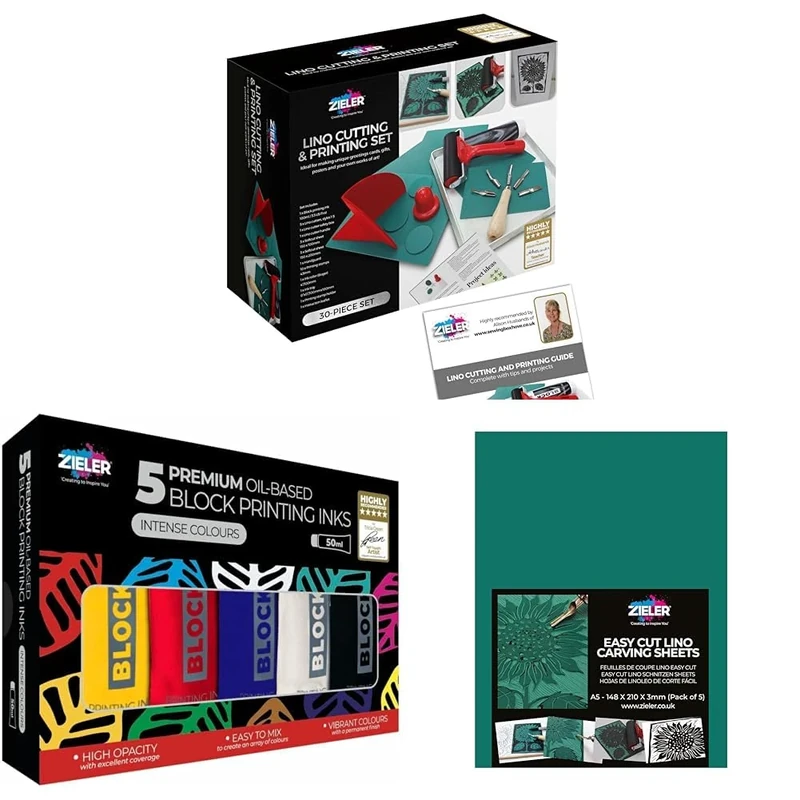 Zieler Lino Cutting & Printing Starter Kit + 5 Premium Oil-Based Block Printing Ink Sets (Pack of 50ml) + A5 Lino Block Sheets (Pack of 5)