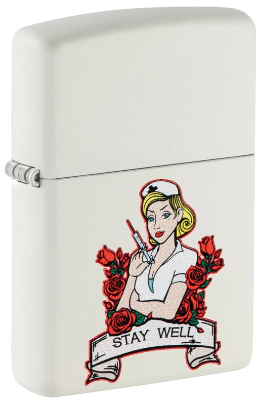 Zippo Windproof Lighter, Tattoo Nurse, White Mat, Colour Image, Refillable, Reusable, Windproof Design, Gift Box, Made in USA