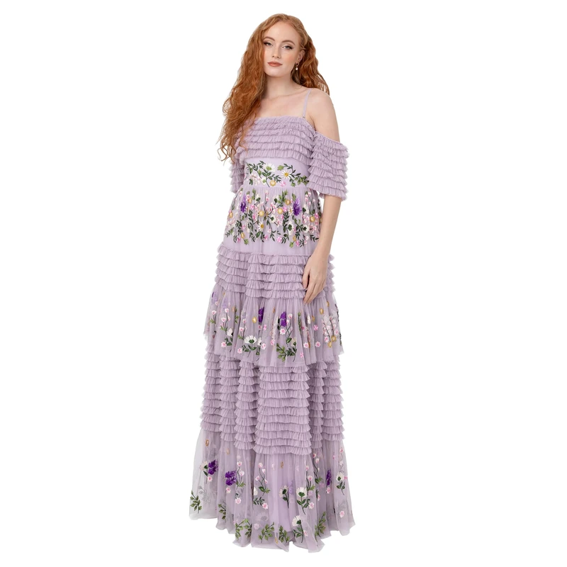 Maya Deluxe Women's Lilac Floral Embroidered Tulle Maxi Dress