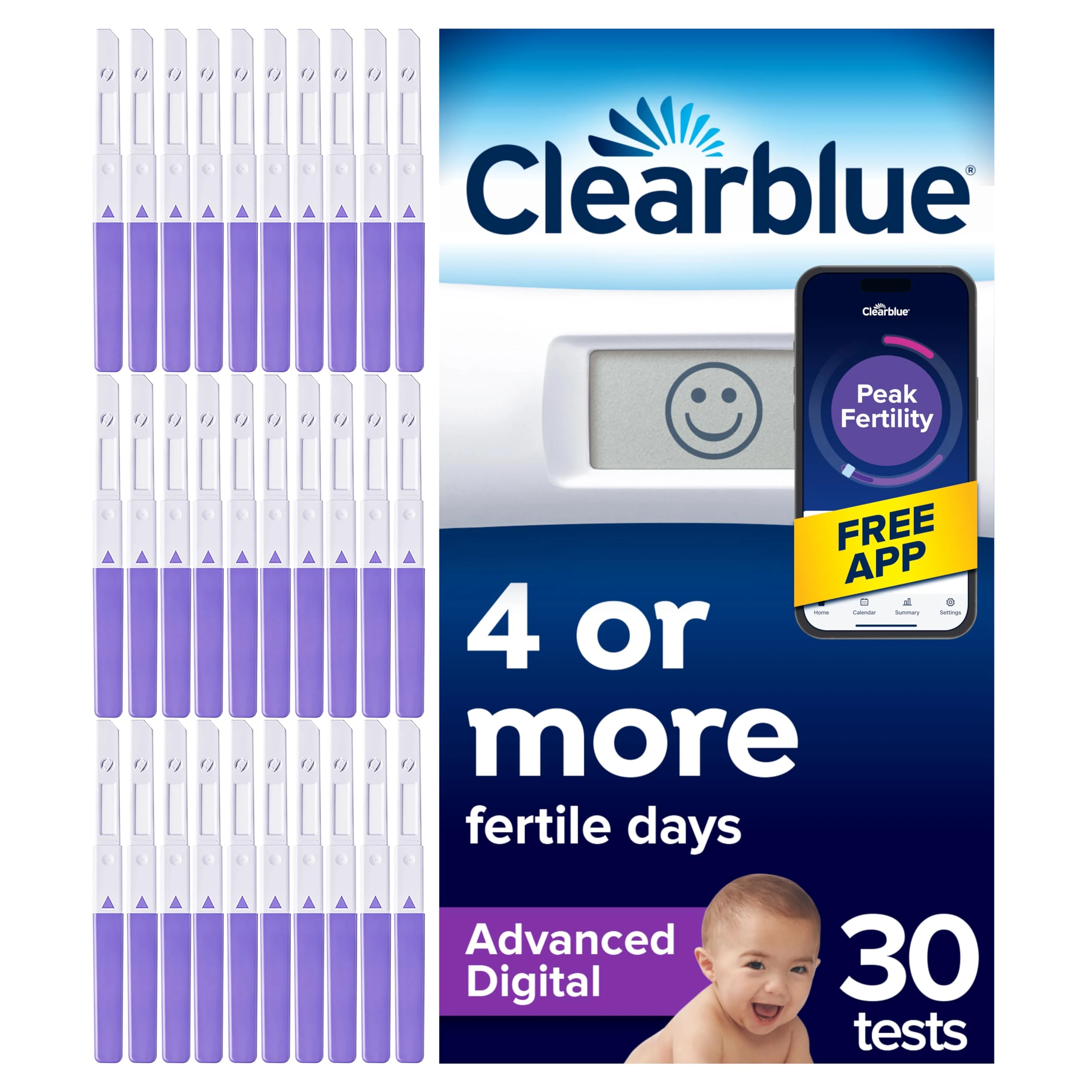 Clearblue Advanced Digital Ovulation Test Kit (OPK). Double Your Chances Of Getting Pregnant, 1 Digital Holder And 30 Ovulation Tests, Try The FREE Clearblue Period & Cycle Tracker App