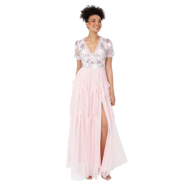 Maya Deluxe Womens Maxi Ladies Short Puff Sleeve V-Neck Sequin Embellished Lace Trim Tulle Split A-line Bridesmaid Ball Gown Dress, Crystal Pink, 16 UK