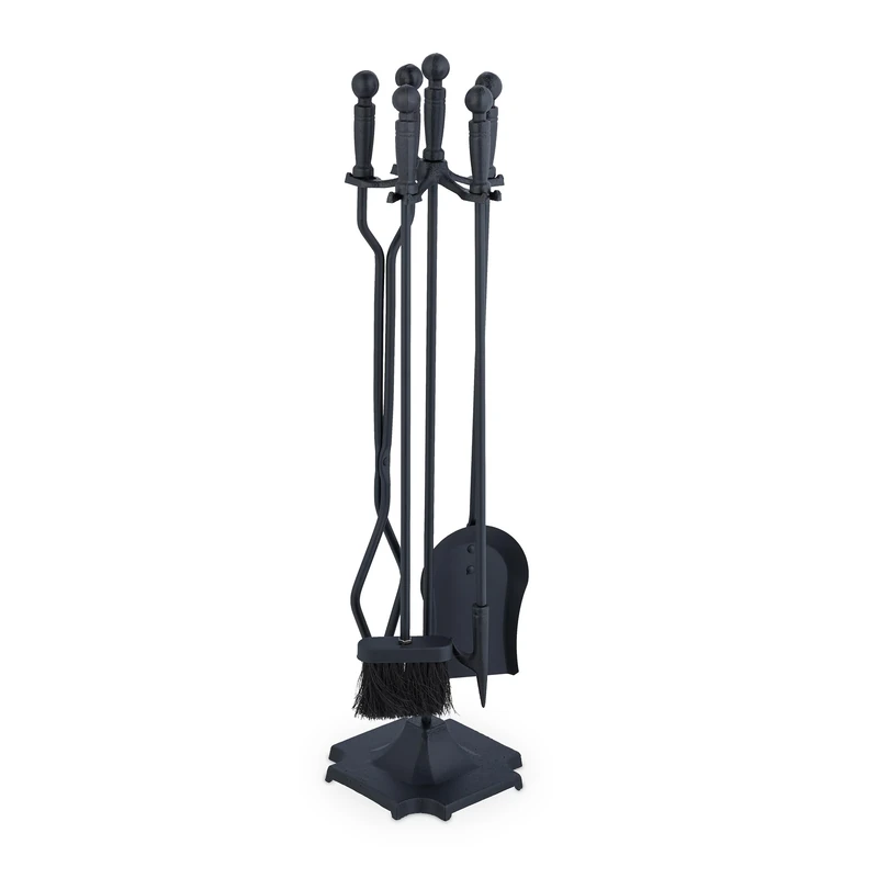Relaxdays Fireplace Tool Set, 5-Pieces, Poker, Ash Shovel, Broom, Stand, Tongs, Iron, Sturdy Base, Accessories, Black, 81 x 19 x 19 cm - Image 1