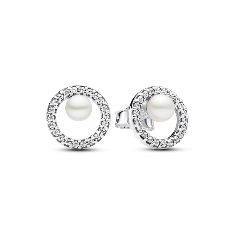 Pandora Timeless Sterling silver stud earrings with white treated freshwater cultured pearl and clear cubic zirconia