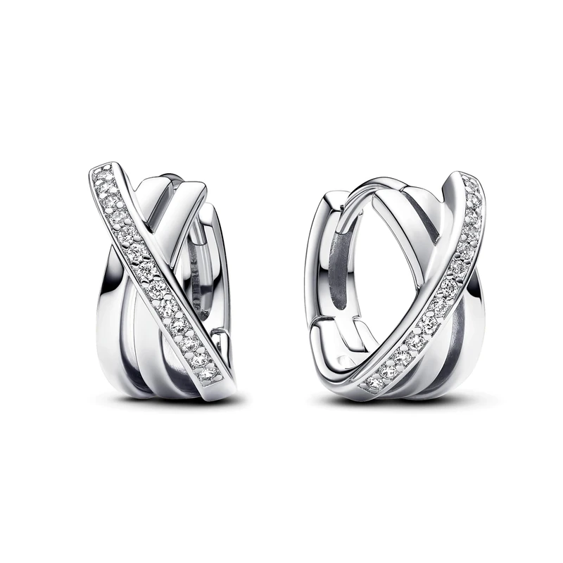 Pandora Signature Crossover Pavé sterling silver Hoop Earrings with clear cubic zirconia