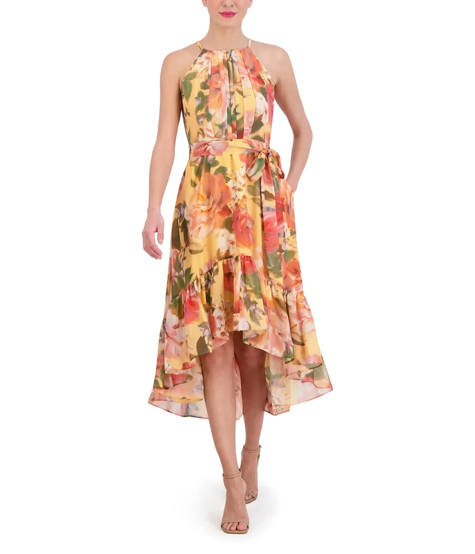 Vince Camuto Women's Chiffon Halter High Low Midi, Yellow Multi
