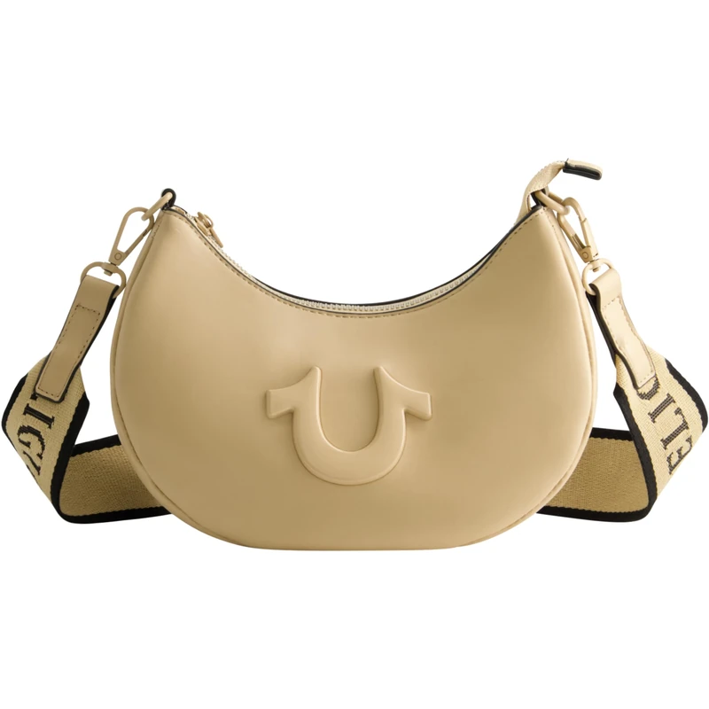 True Religion Women's Shoulder Bag Purse, Crescent Hobo Handbag with Adjustable Removable Strap and Horseshoe Logo, Camel
