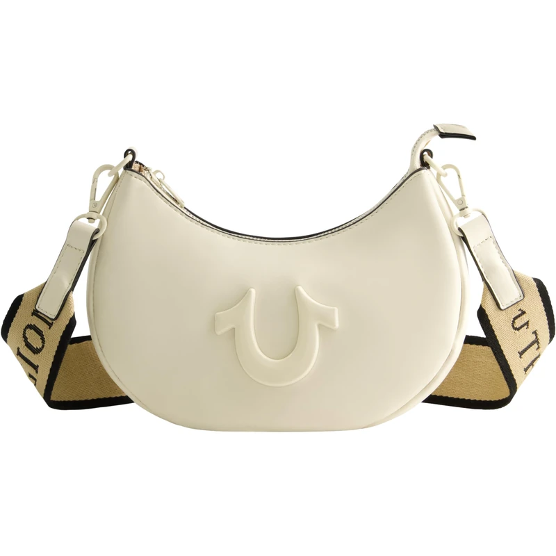 True Religion Women's Shoulder Bag Purse, Crescent Hobo Handbag with Adjustable Removable Strap and Horseshoe Logo, Ivory