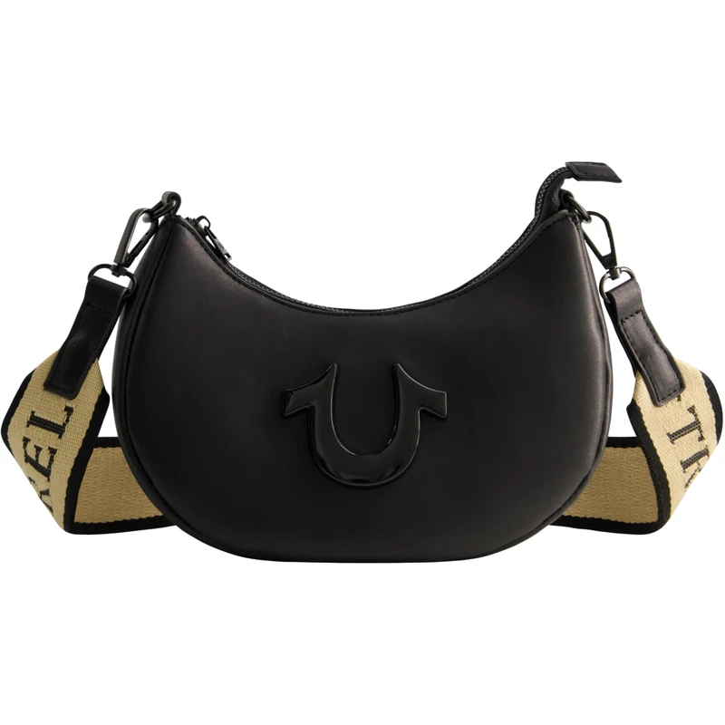 True Religion Women's Shoulder Bag Purse, Crescent Hobo Handbag with Adjustable Removable Strap and Horseshoe Logo, Black