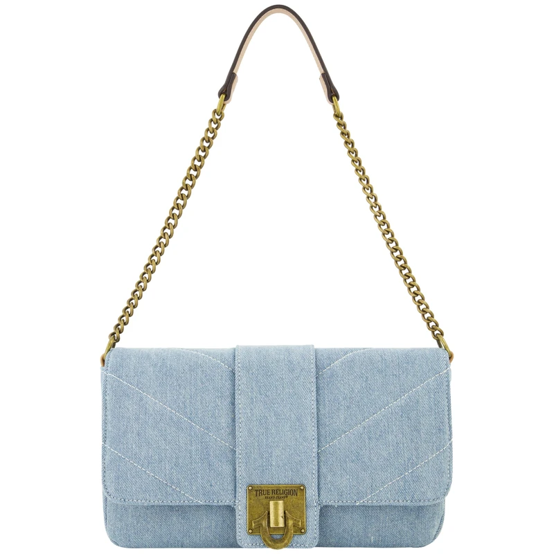 True Religion Women's Shoulder Bag Purse, Denim Mini Handbag with Chain Strap, Light Blue - Image 1
