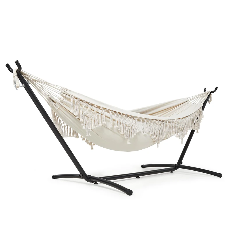 Mondeer Hammock with Stand, 2 Person Portable Camping Hammock with Adjustable Metal Frame and Carrying Bag, Bohemian Style, 270kg Weight Capacity, Suitable for Outdoor Terraces Patios Gardens, Beige