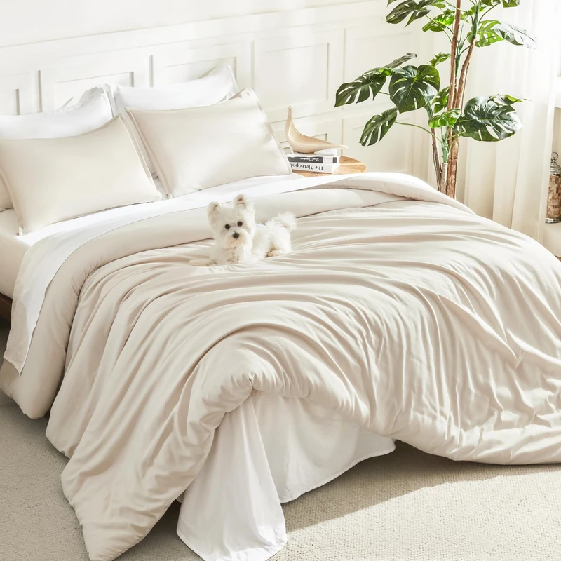 Litanika Oversized Queen Comforter Set, 3 Pieces Beige Solid Bedding