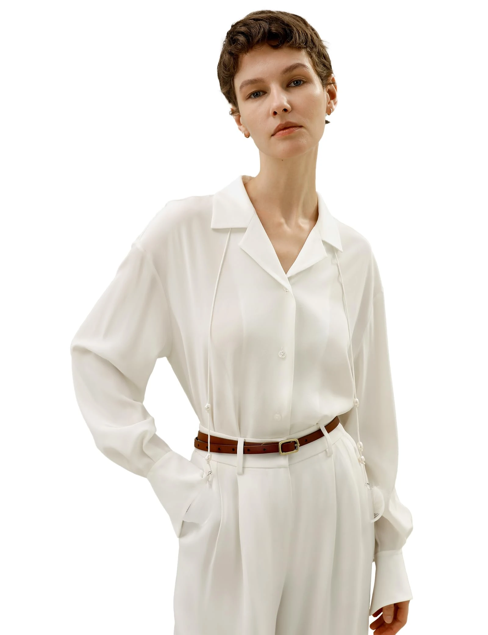 LilySilk Womens Pure Silk Shirt Ladies 22MM Mulberry Silk Tie-Detailed Blouse with Removable Slender Ties with Baroque Pearls and Feathers Relaxed Fit(Natural White,L)