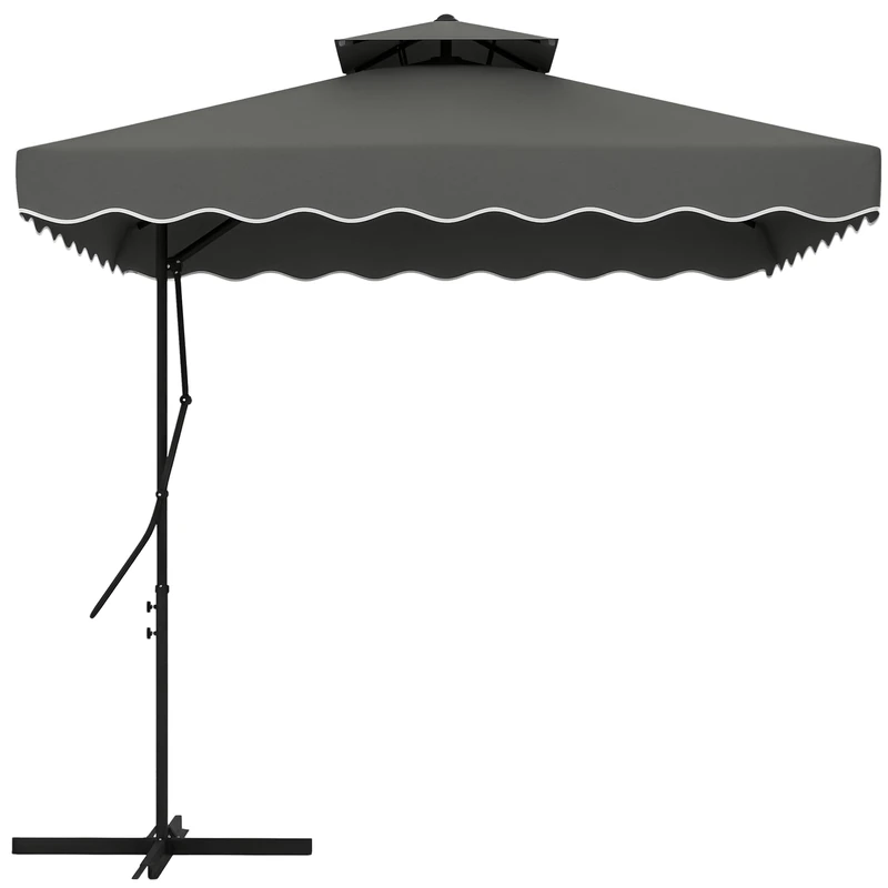 Outsunny 2.5m Cantilever Parasol with Easy Lever, Square Double Top Garden Parasol Umbrella with Ruffles and Cross Base, Overhanging Outdoor Sun Shades, Dark Grey - Image 1