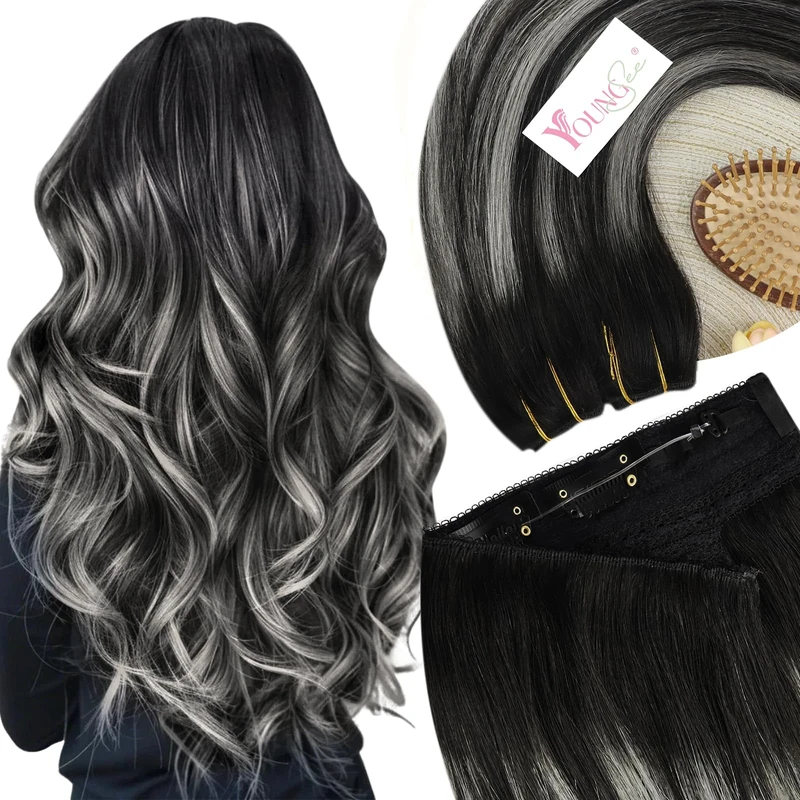 YoungSee Wire Hair Extensions Ombre 18inch 80g Wire Human Hair Extensions Black Ombre Silver Balayage Human Hair Extension Wire for Wedding Reusable One Piece Transparent Line