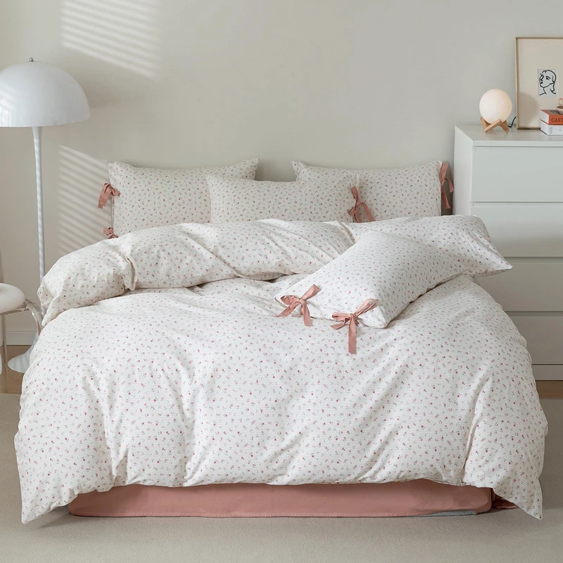 Floral Duvet Cover Queen Size Cotton Boho Fresh Garden Floral Coquette Comforter Cover with 2 Bowknot Bow Tie Pillowcases,3 Piece Botanical Flower Bedding Duvet Cover Set,Soft & Breathable Bedding Set