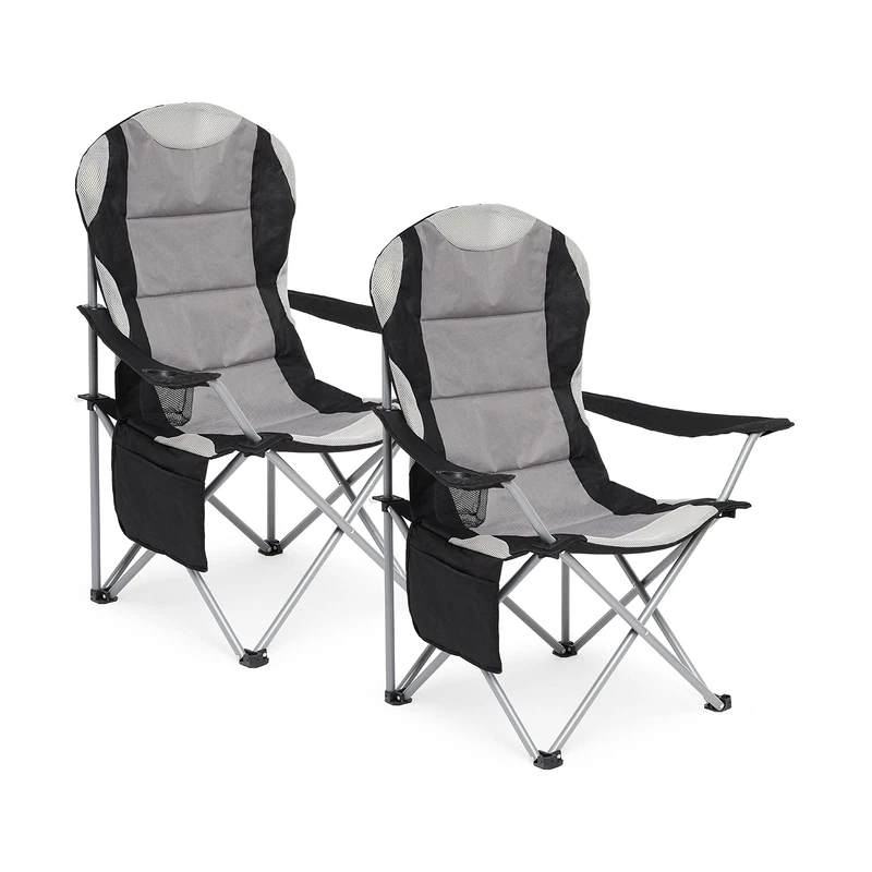 Mondeer Camping Chairs Set of 2, High Back Padded Folding Chairs with Cup Holder and Side Pockets for Camping Fishing Picnic, upto 120 kg, Dark Grey