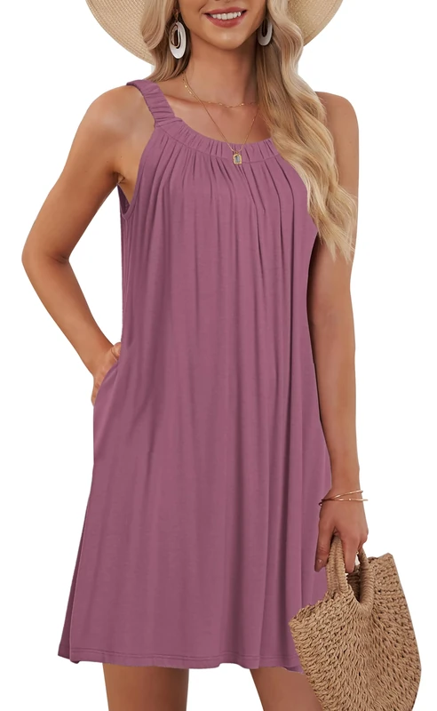 AUSELILY Women's Mauve Beach Cover Up Dress with Pockets - Summer