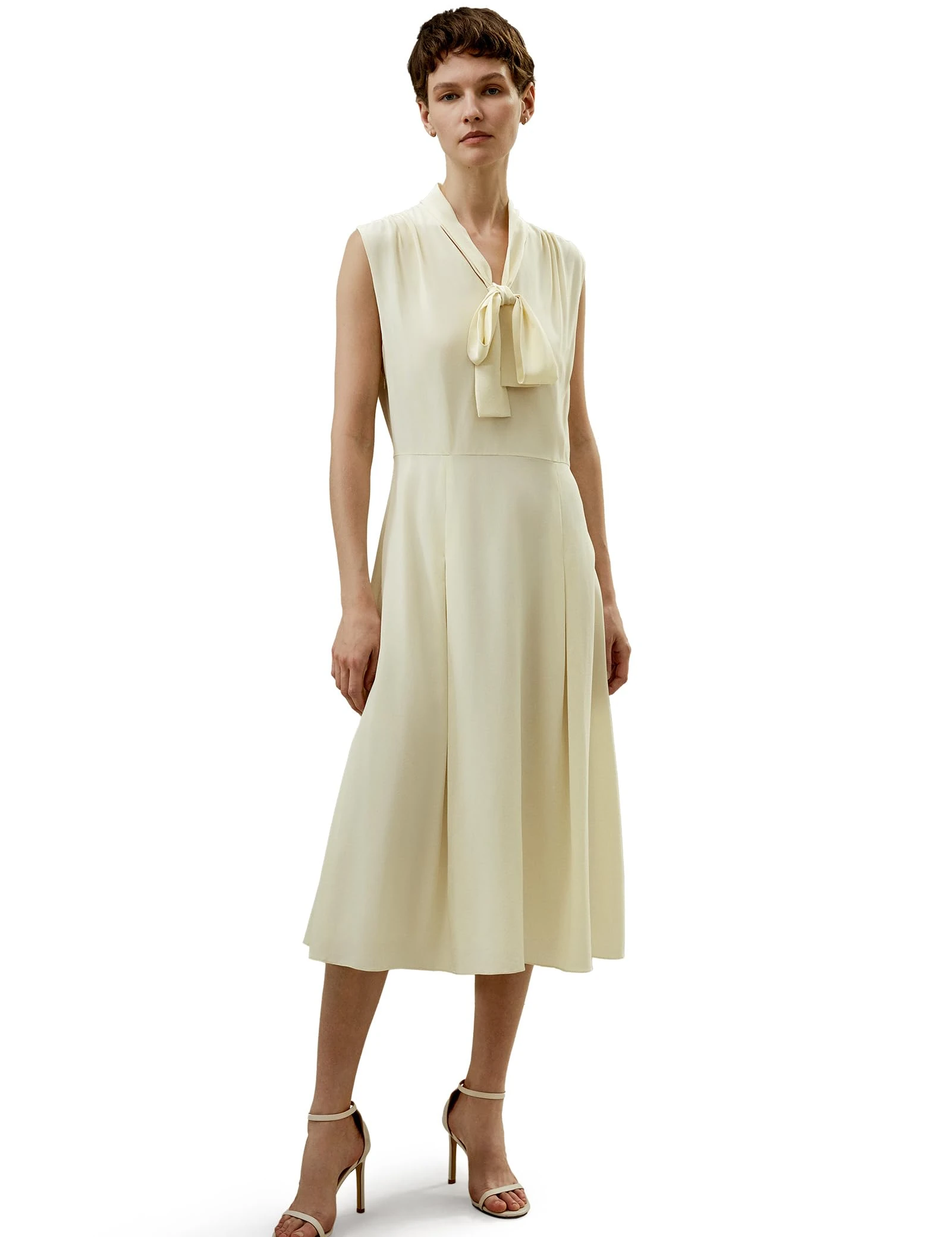 LilySilk 100% Silk Saudade Dress for Women Sleeveless Bowtie Neck Flowy Long Silk Chiffon Lining Pleated Summer Soft Size(Lily White,UK 10)