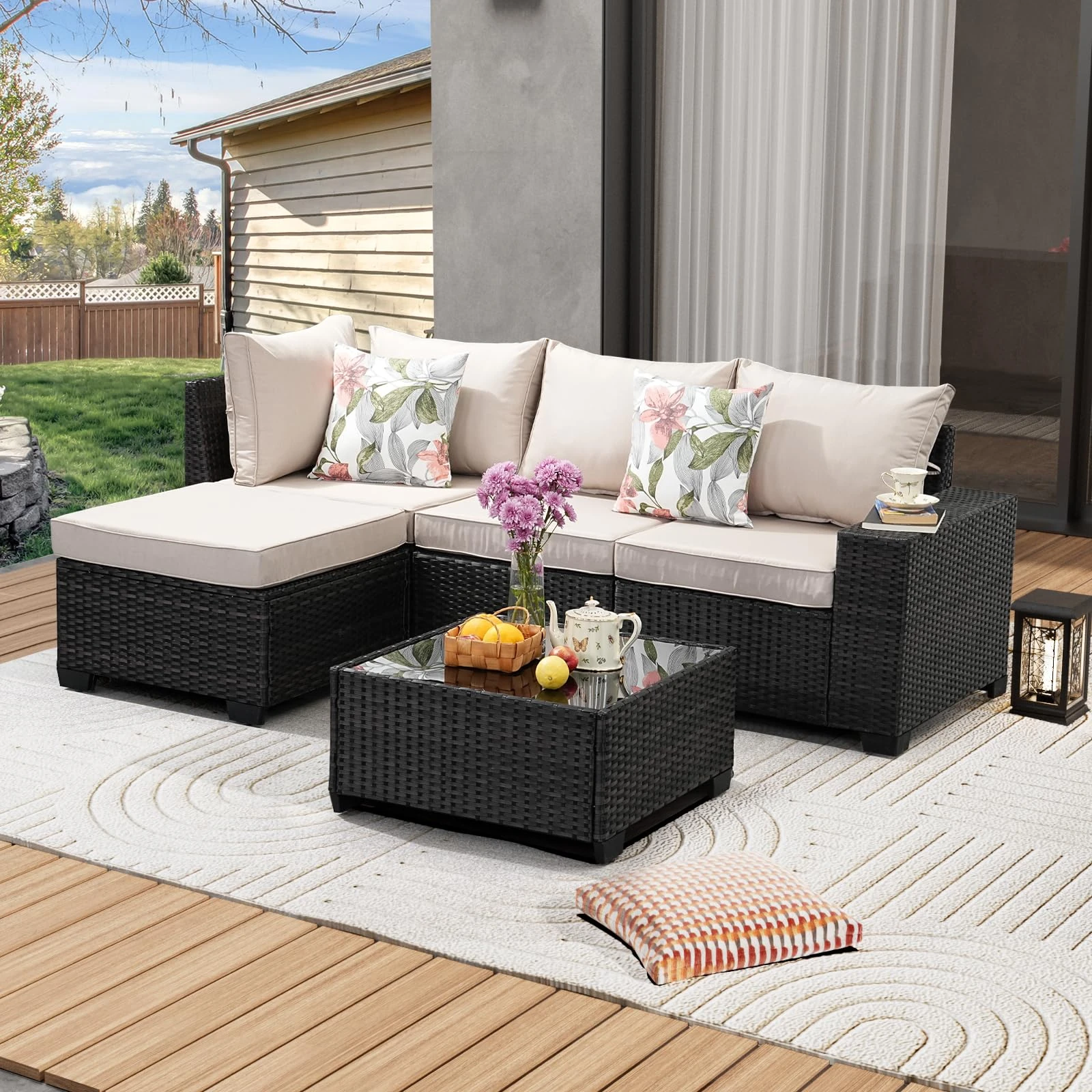 JOYURE 5 Piece Patio Furniture Set, All Weather Outdoor Wicker Conversation Sofa Rattan Patio Seat Sofa with Cushion and Glass Table and Ottoman for Porch Pool Beige