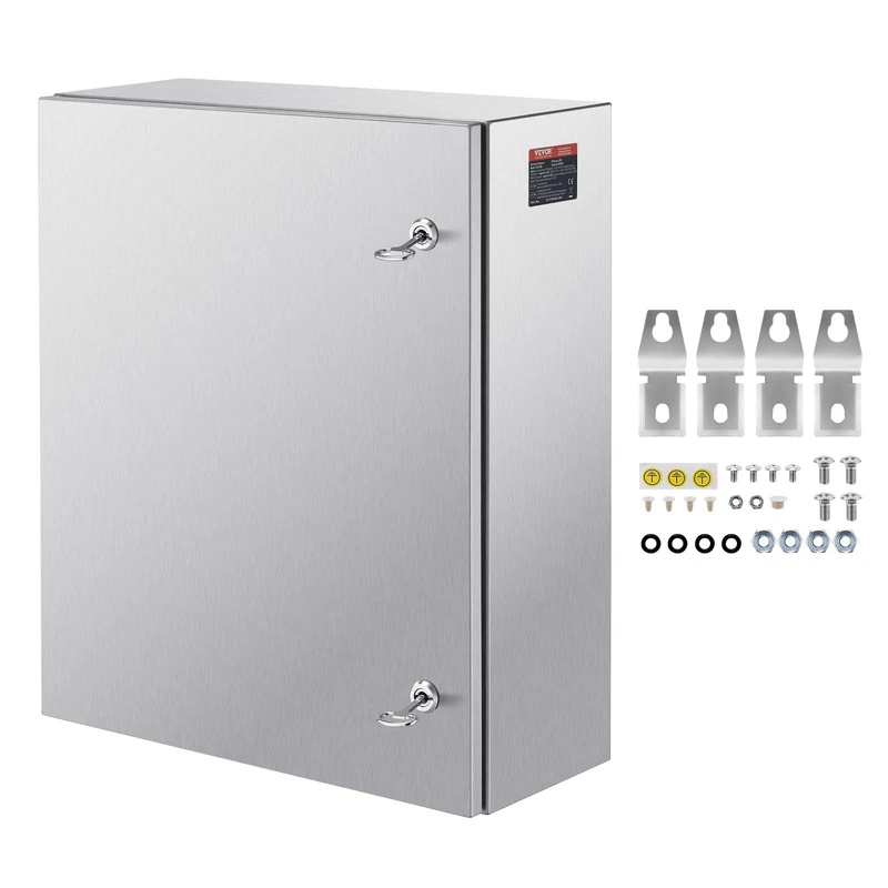 VEVOR Steel Electrical Box, 24"x 20"x 8", 304 Stainless Steel Electrical Enclosure Box, Wall-Mounted Outdoor Electrical Electronic Equipment Enclosure with Mounting Plate Hinges Lock, IP66 Waterproof