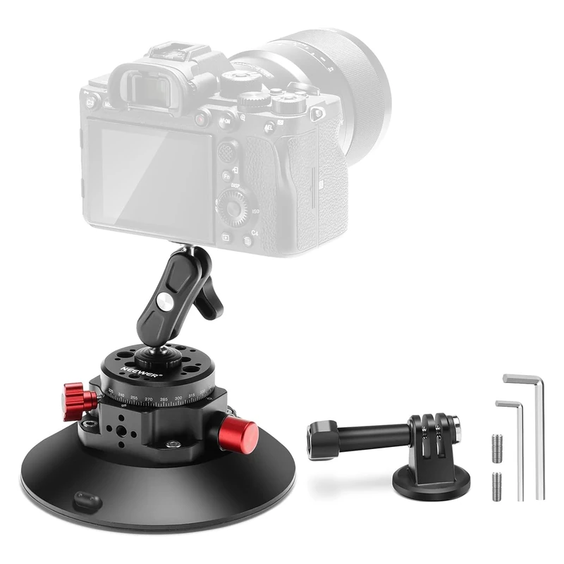 NEEWER 6" Suction Cup Camera Mount with Ball Head Magic Arm, 2 Pack Metal Car Mount for Camera/Action Camera/Phone, Air Pump Vacuum on Car or Window Glass with 1/4" 3/8" ARRI Mounting Holes, CA013