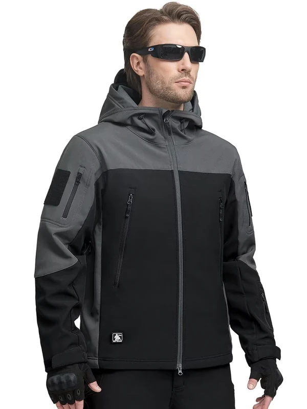 FREE SOLDIER Mens Winter Waterproof Tactical Military Jackets Winter Outdoor Softshell Jacket Fleece Lining Hunting Coat with Hood (Black&Grey,S)