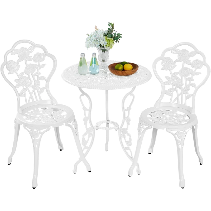 Yaheetech 3-Piece Garden Table and Chairs Set with 2 Chairs Bistro Porch Balcony Furniture Set Vintage Rose Pattern in White Aluminium - Image 1