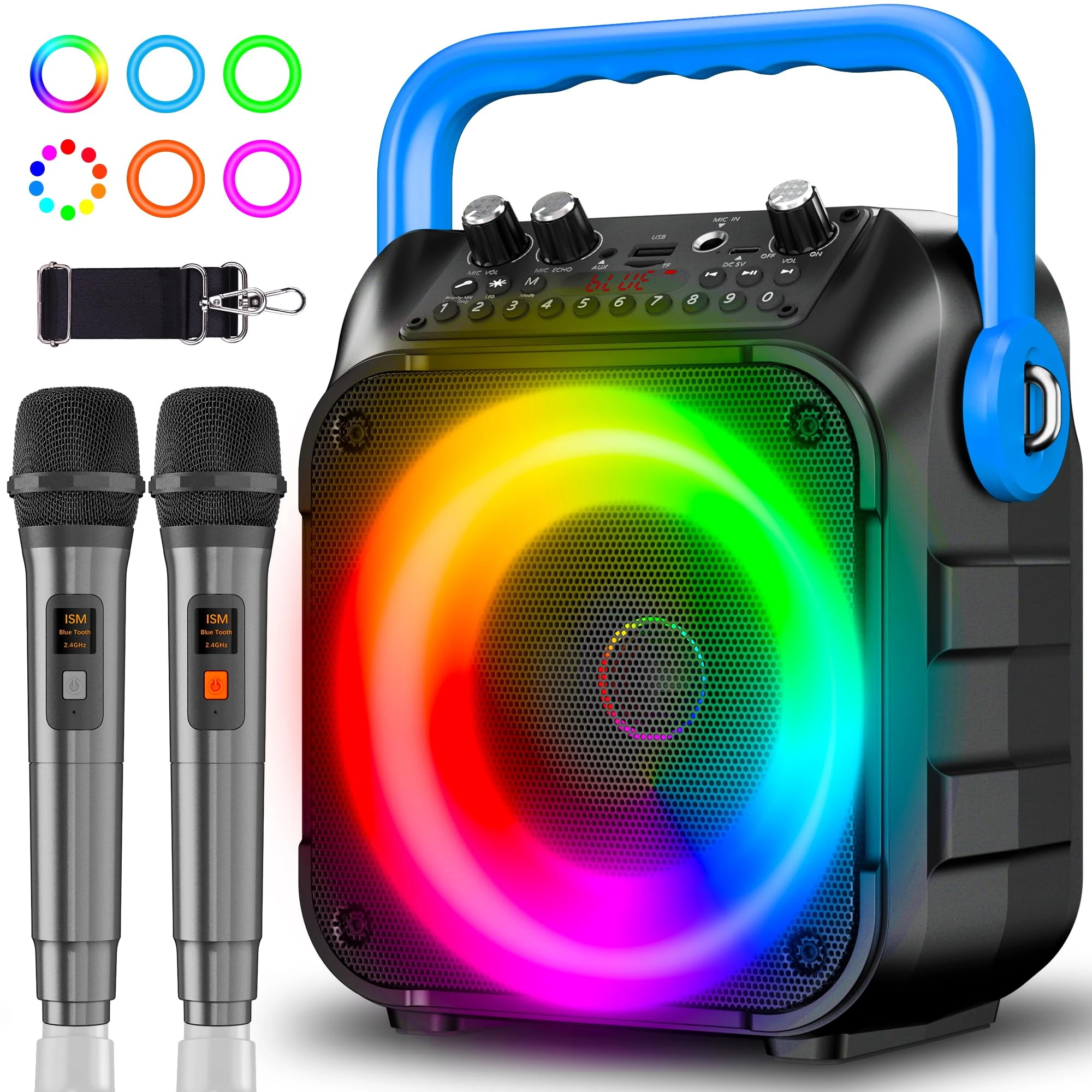 Ankuka Karaoke Machine with 2 Wireless Microphones Karaoke Machine for Adults & Kids Portable Bluetooth Speaker with LED Lights, Supports TWS/FM/AUX/USB/TF/REC for Party, Birthday, Home(Blue)