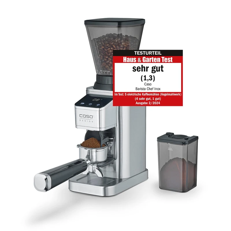 CASO Design Barista Chef Burr Grinder, Coffee Grinder with Portafilter Holder, 48 Precise Grind Settings, Removable Bean Hopper with 250g Capacity, Sealed Collection Container for 100g Ground Coffee - Image 1