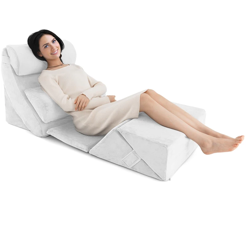 RELAX4LIFE 7PCS Bed Wedge Pillow Set, Adjustable Memory Foam Body Support Pillow with Washable Cover, Orthopedic Leg Elevation Incline Cushion for Acid Reflux, Pain Relief, Post Surgery (White)