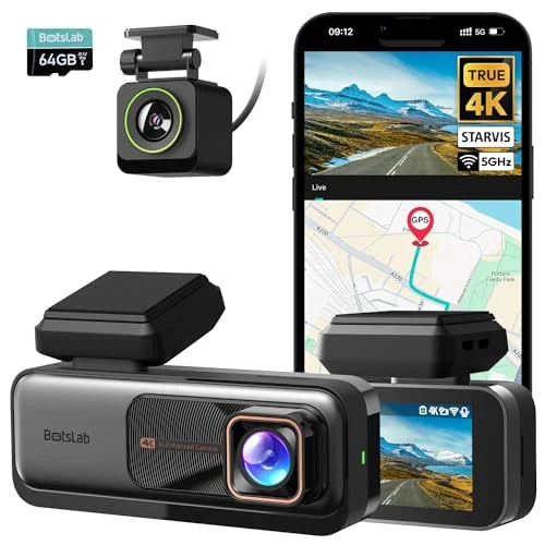 BOTSLAB Dash Cam Front and Rear Wireless， 4K/2.5K Full HD Car Dash Cam, with 64 GB Micro SD Card, ADAS, 2.4G/5G WiFi, 170°Wide Angle, Night Vision, 24/7 Parking Monitoring