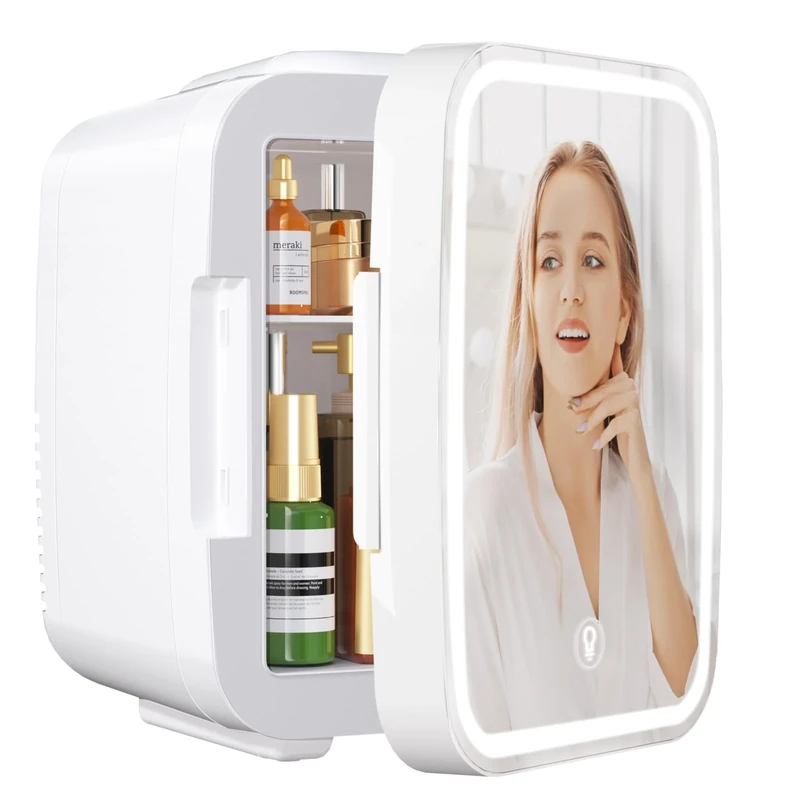 YASHE Mini Fridge for Bedroom, Skincare Fridge with LED Light Mirror, 4L Small Fridge Portable,220V AC/ 12V DC Thermoelectric Warmer & Cooler for Car Office Dorm (White)