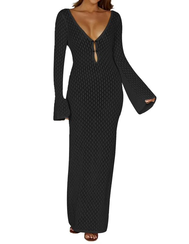 Leoparts Crochet Swimsuit Cover Up for Women Sexy V Neck Hollow Out Backless Maxi Dress Beach Bikini Coverup Dresses, 2402 Black, Medium