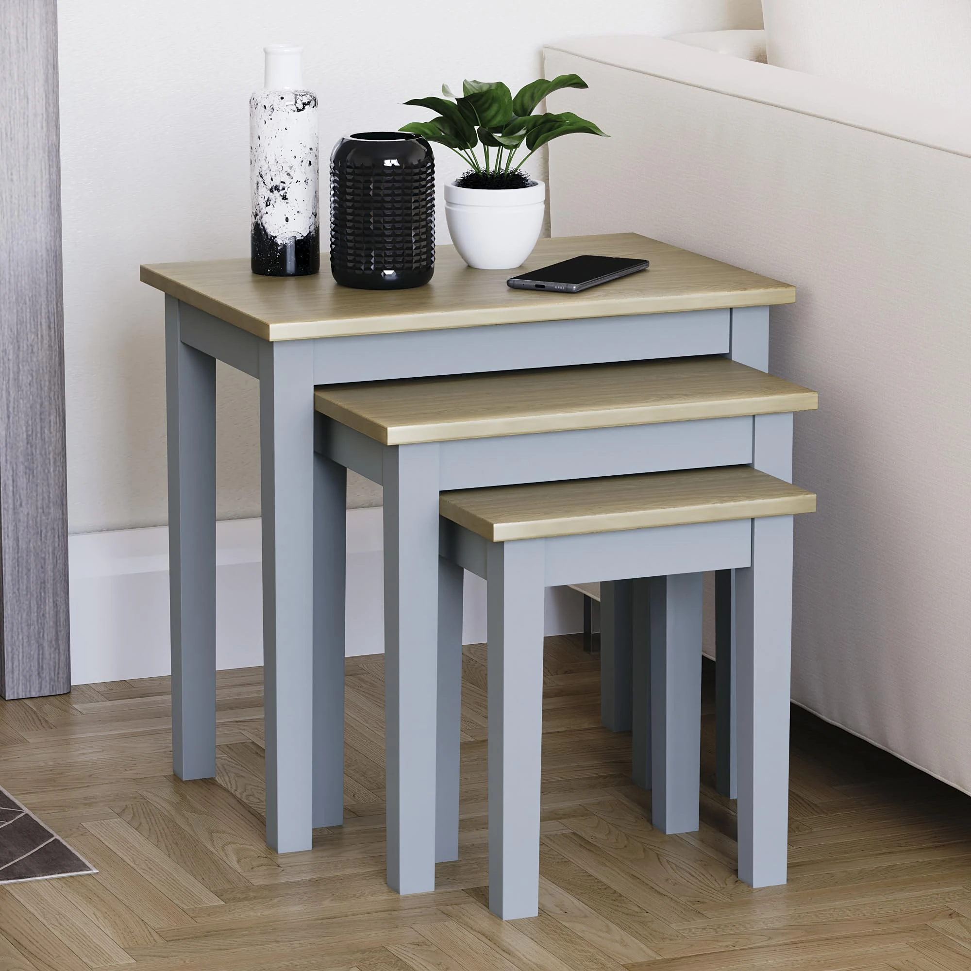 Vida Designs Yorkshire Nest of 3 Tables for Living room, Stacking Side Tables, Sturdy and Easy Assembly (Oak & Grey)