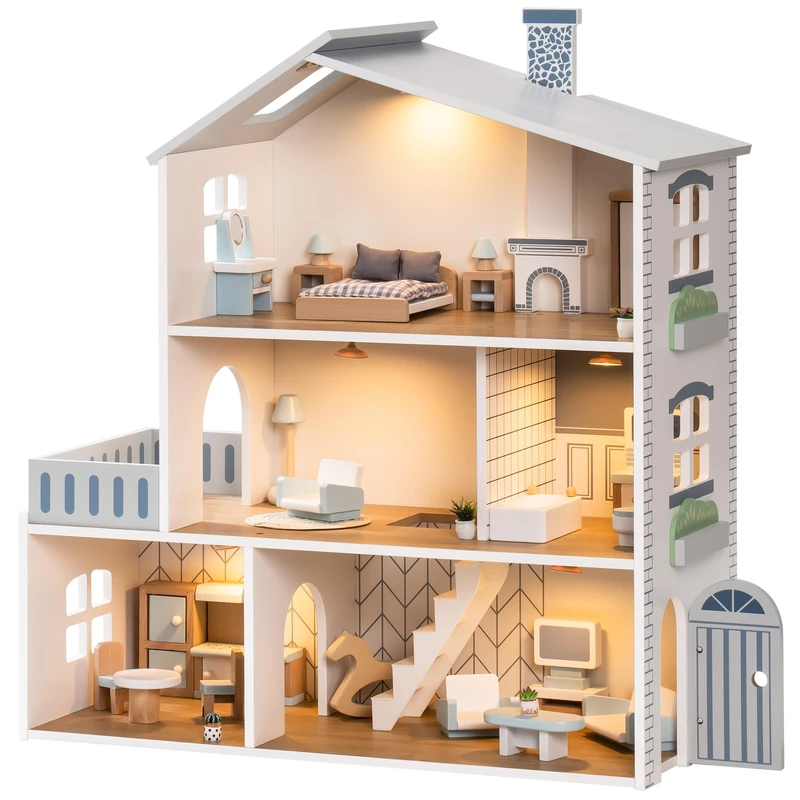 ROBUD Wooden Dollhouse, 3 Levels, with Furniture & Stairs – Pretend Play Toy for Kids Ages 3+